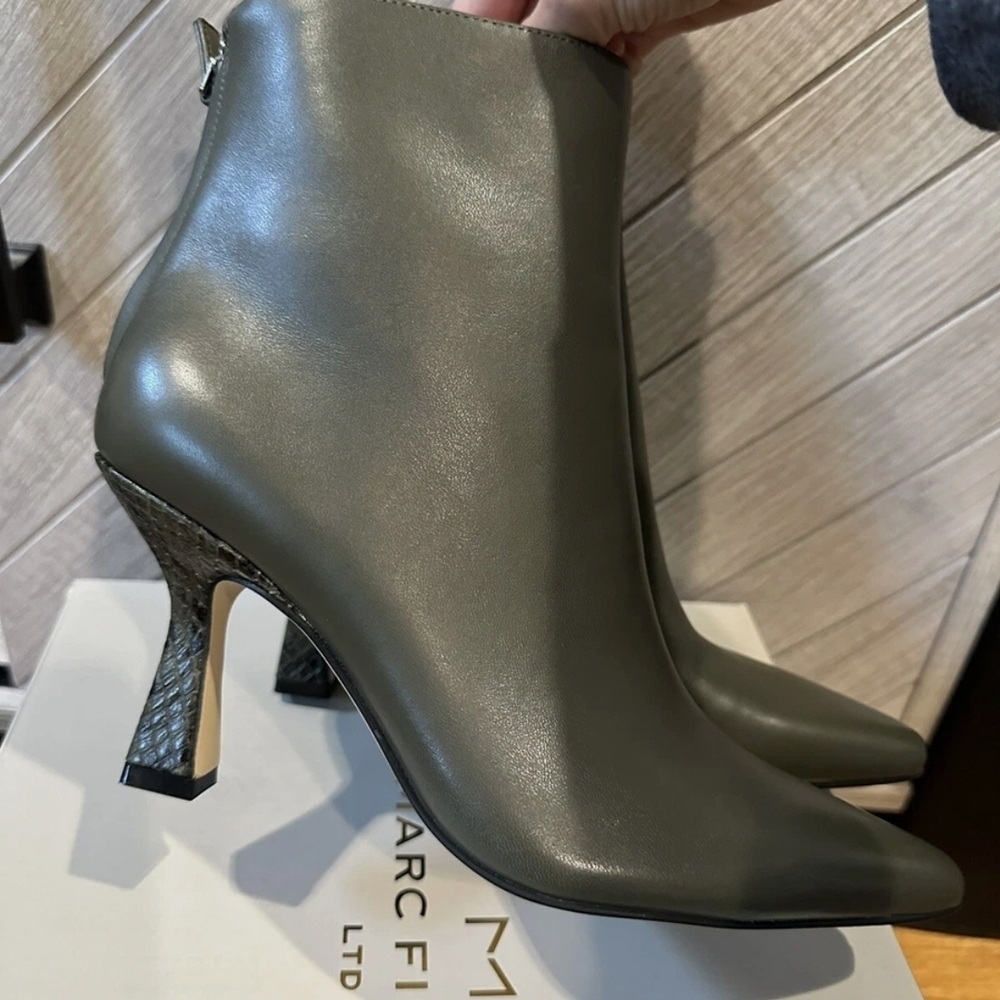 NEW Marc Fisher Hint Dark Green Leather Pointed Toe Snakeskin Heel Booties